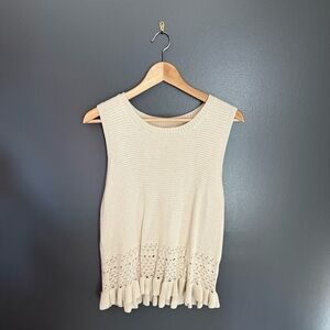 Cream Women Knit Scoop Neck Tank Top with Ruffle Size Large